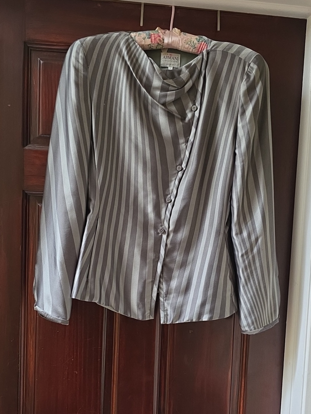 Armani Collezioni Gray and Silver Striped Draped-Front Blazer